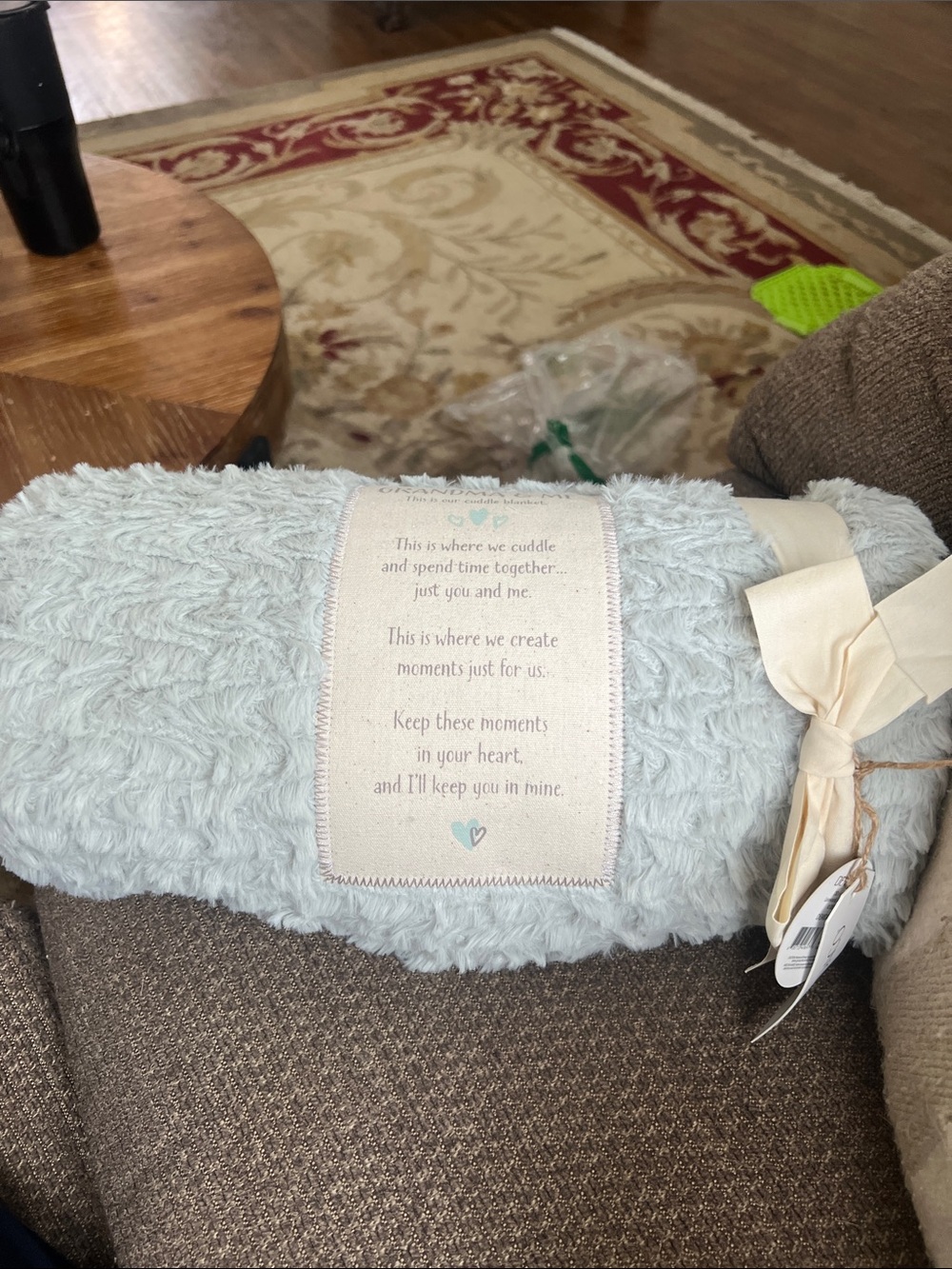 Demarco cuddle moments Cozy Light Blue Plush Throw Blanket with Sentimental patc